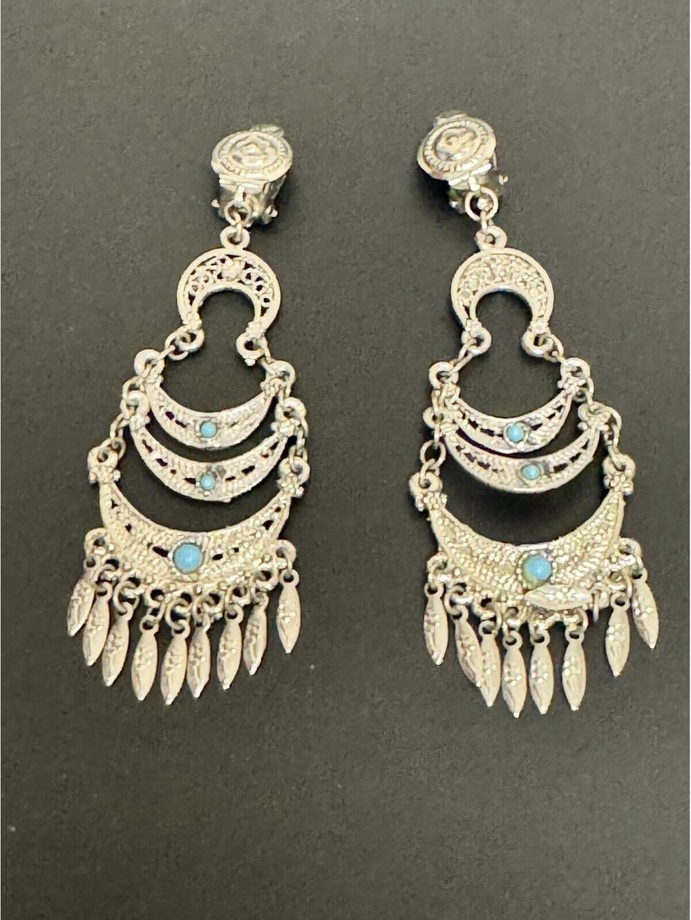 Silver Tone Faux Turquoise Boho Chandelier Earrings
